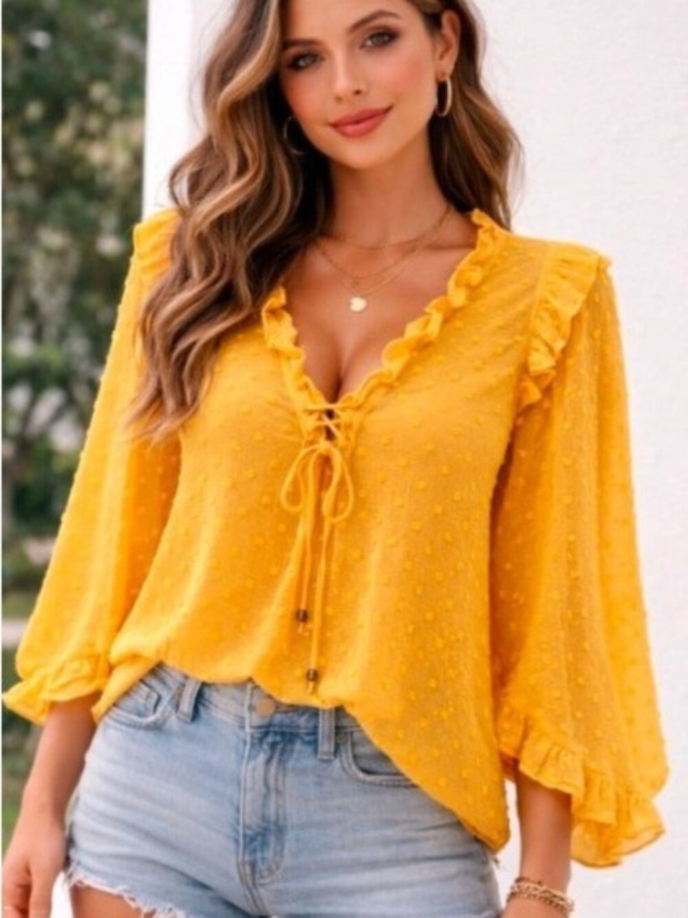 by Anthropologie Haida Boho Blouse Women's Size Small Yellow Swiss Dot Ruffle